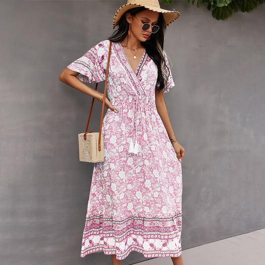 2021 Bohemian Dress Summer Women Clothing Loose V-Neck Casual Beach Sundresses