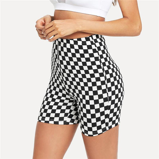 2021 cross-border European and American black and white chess board printing tight yoga shorts sexy women's high waist sports shorts